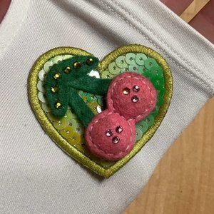 Tarina Tarantino Vintage Heart Cherry Rhinestone Sequinned Felt Hair Cllip Rare!